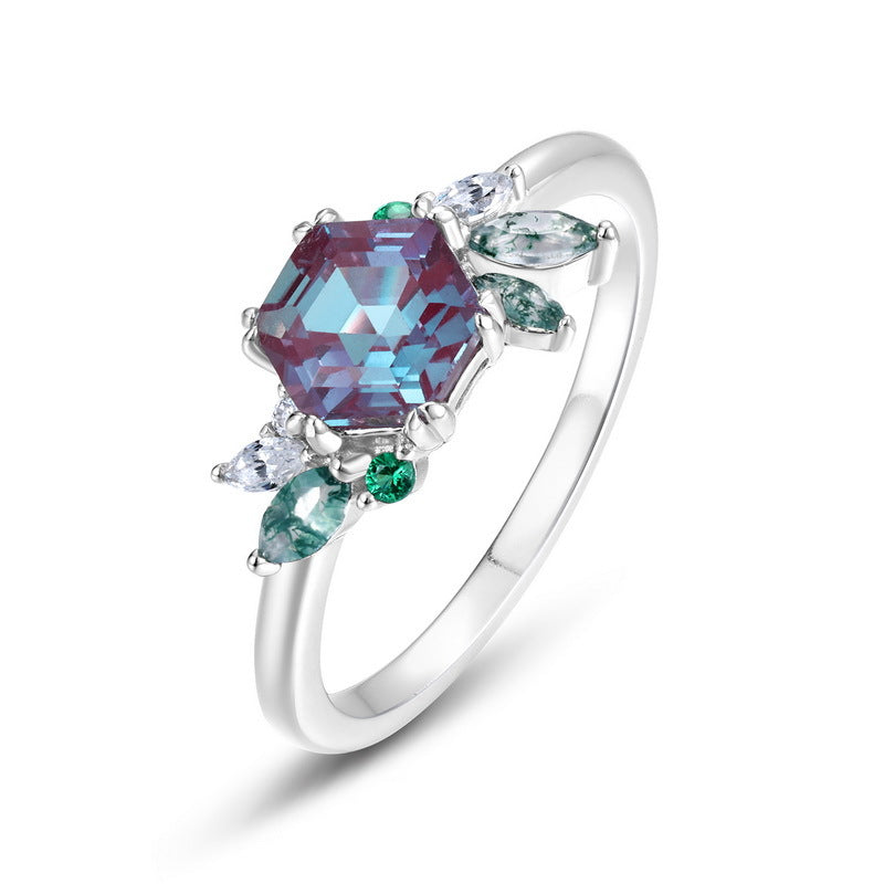 S925 sterling silver plated with thick platinum and European and American style ring | Cultivated alexandrite with multicolored gemstones, a beautiful June birthstone ornament