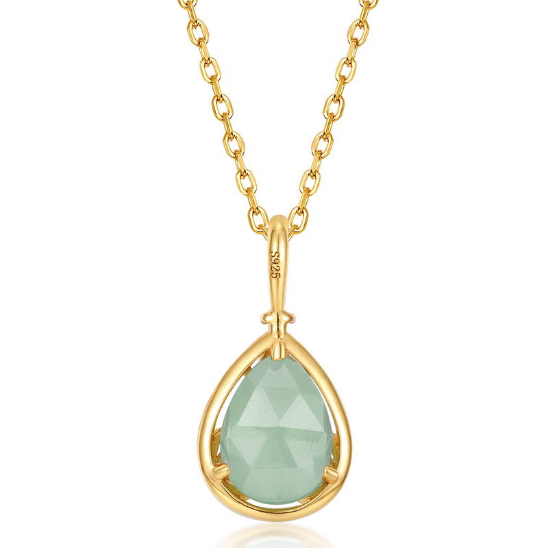 S925 sterling silver plated with 10K gold Japanese and Korean style white crystal aventurine classic water drop pendant double-sided