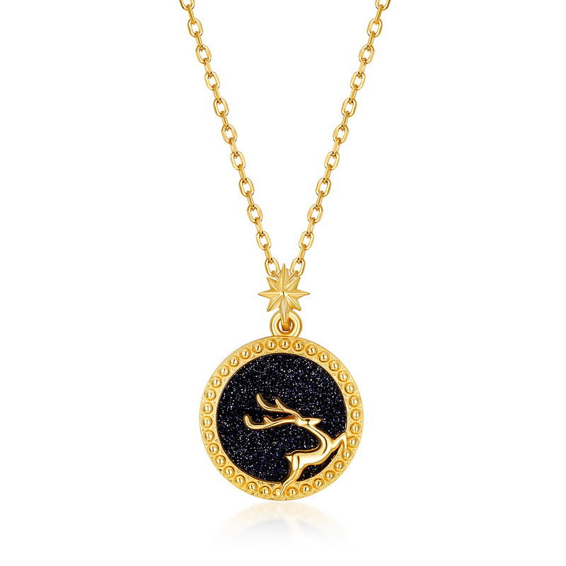 S925 sterling silver plated with 10K gold simple and stylish starry sky elk natural blue crystal sand pendant