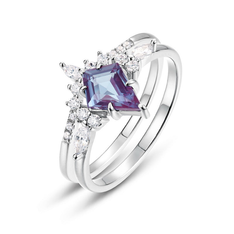 S925 sterling silver with thick platinum and European and American style ring set | Cultivated Alexandrite imitation diamond star shape June birthstone ring