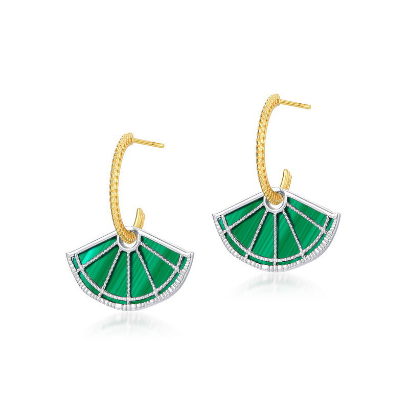S925 sterling silver with 10K gold plated earrings | Natural malachite fan-shaped design retro and fashionable earrings
