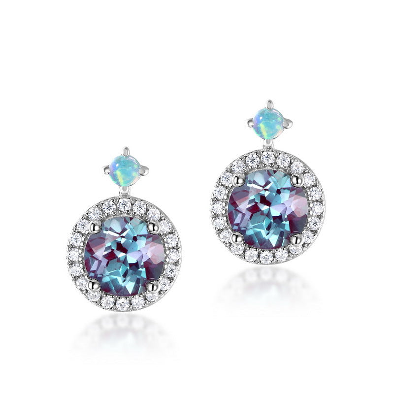 European and American style S925 sterling silver plated with platinum and inlaid with cultured alexandrite light luxury set