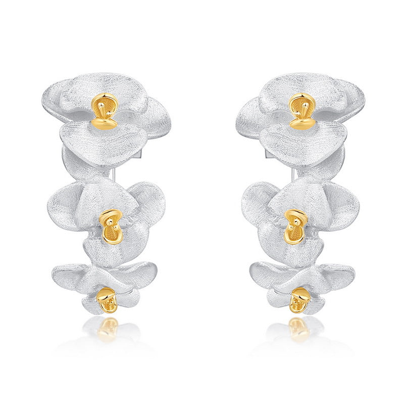 Hand-brushed flower earrings | S925 sterling silver with bright silver plating + 10K Jinsen fairy-style earrings