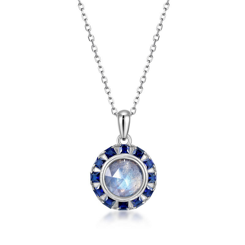 S925 sterling silver necklace with thick silver platinum platinum | Natural labradorite and synthetic blue corundum starry night romantic pendant