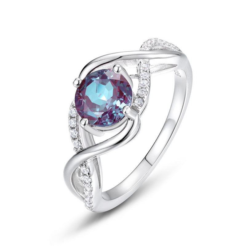 S925 sterling silver with thick platinum platinum European and American style ring | Cultivated Alexandrite imitation diamond wrapped design June birthstone ring