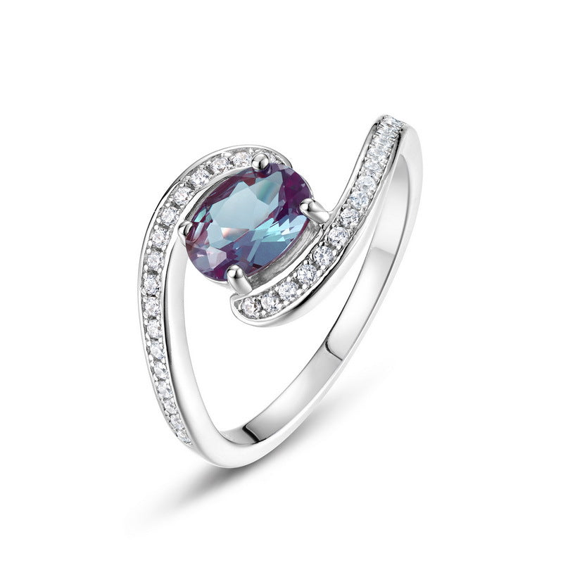 S925 sterling silver plated with thick silver and platinum ring | Cultivated Alexandrite imitation diamond European and American style June birthstone color-changing ring