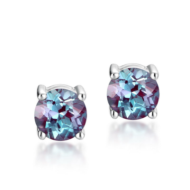 S925 sterling silver with thick platinum platinum four-claw Alexandrite earrings | June birthstone color-changing luxury earrings