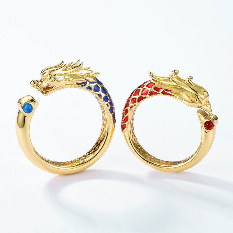 S925 sterling silver with 10K gold plated dragon and phoenix couple rings | Romantic vow design with enamel dragon and phoenix