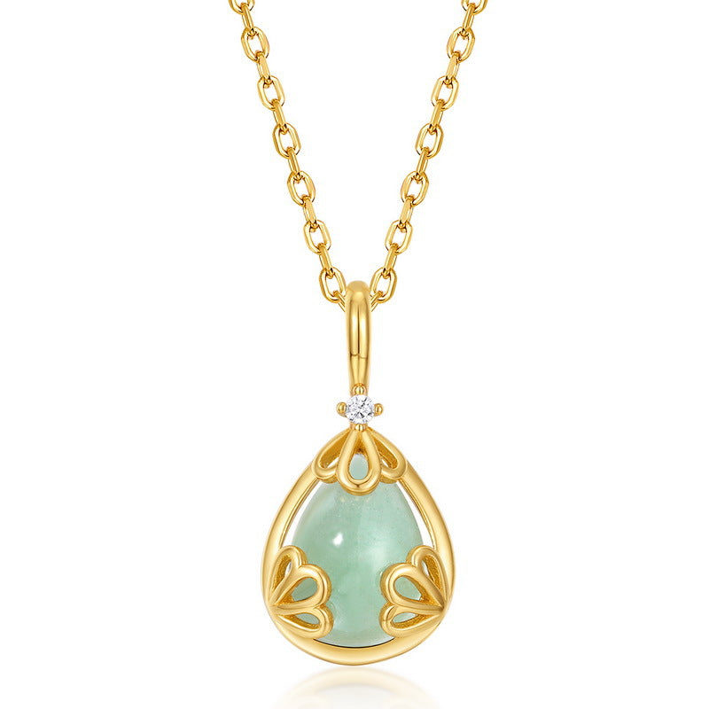 S925 sterling silver plated with 10K gold Japanese and Korean style white crystal aventurine classic water drop pendant double-sided