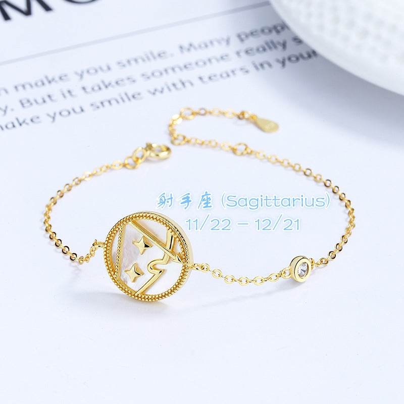 S925 sterling silver with 18K gold plating, twelve zodiac signs bracelet | white shell imitation diamond interstellar lucky charm