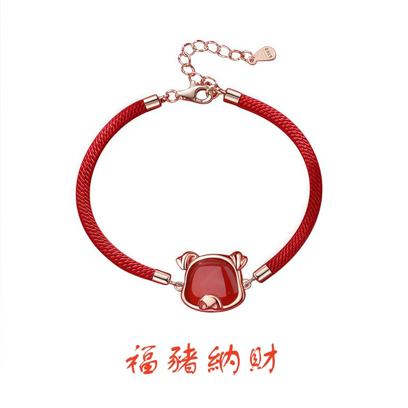 S925 sterling silver rose gold plated red agate zodiac bracelet | Lucky red string jewelry for wealth and protection in your birth year