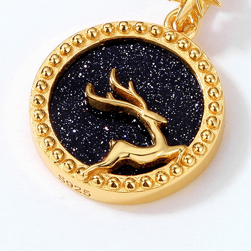 S925 sterling silver plated with 10K gold simple and stylish starry sky elk natural blue crystal sand pendant