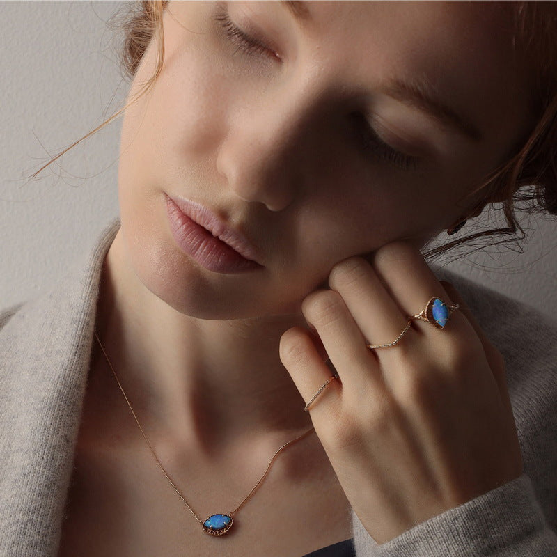 日韓風爆款！S925 純銀鍍 10K 金，合成藍歐泊首飾套裝