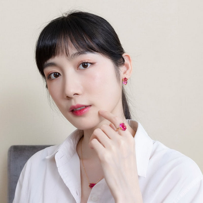 S925純銀鍍9K金日韓風首飾套組｜合成粉托帕 艷麗大方之選