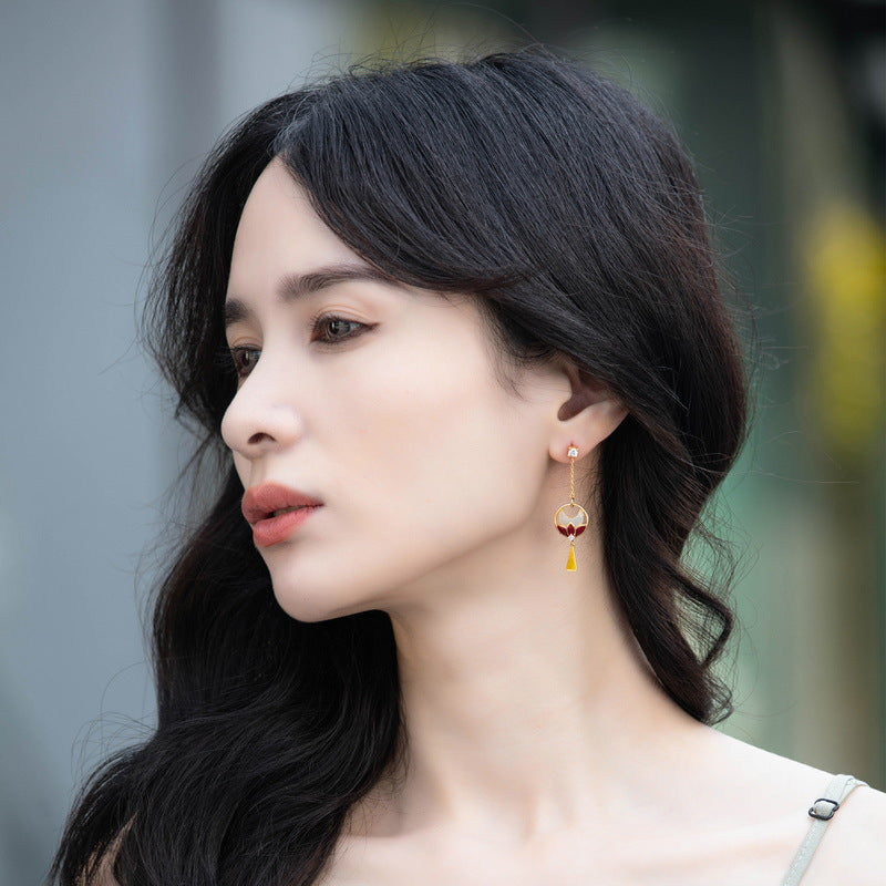 Hetian Jade Imitation Diamond Earrings | S925 Sterling Silver with 10K Gold Plated Elegant Chinese Lotus Fan-Shaped Jewelry