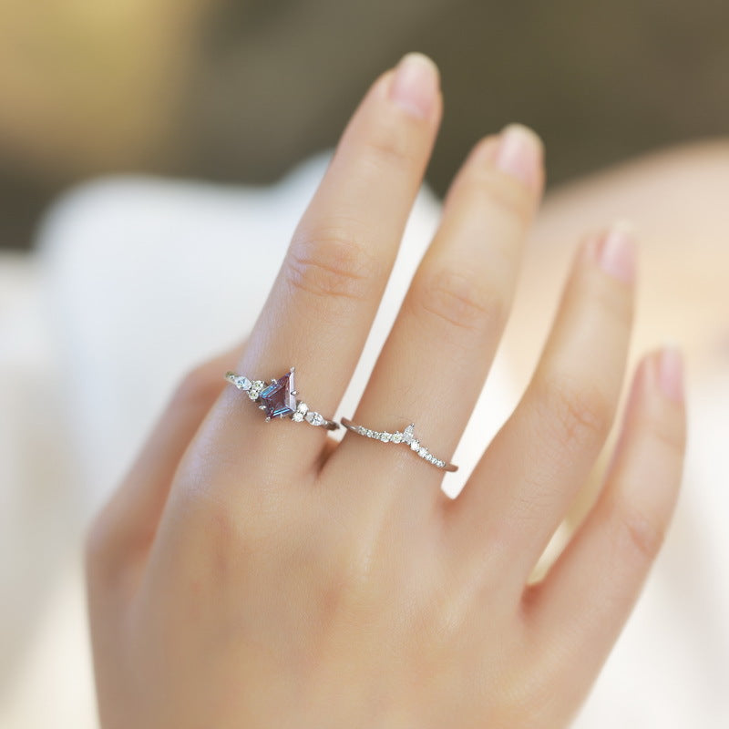 S925 sterling silver with thick platinum and European and American style ring set | Cultivated Alexandrite imitation diamond star shape June birthstone ring