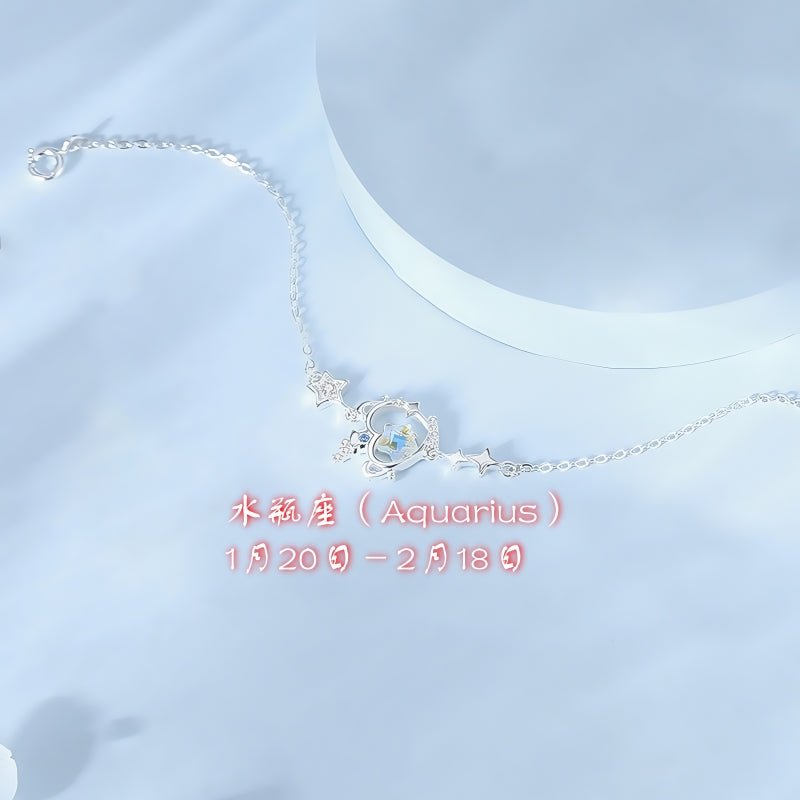 Synthetic Moonstone Zodiac Bracelet | S925 Sterling Silver Imitation Diamond Lucky Charm