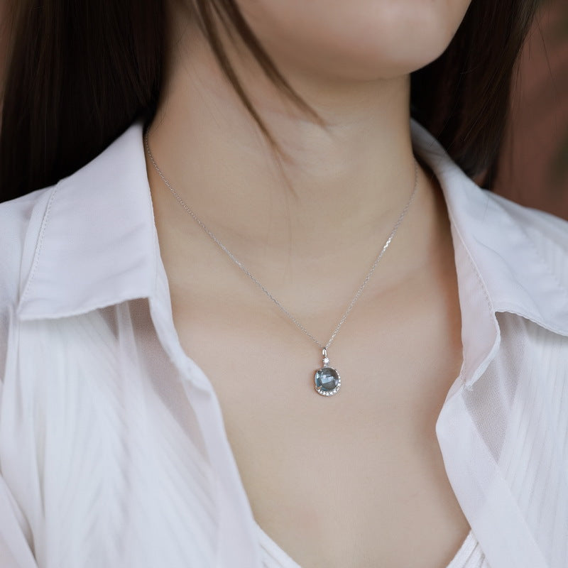 S925 sterling silver plated thick silver platinum sky blue topaz necklace | Elegant and intellectual clavicle necklace textured jewelry