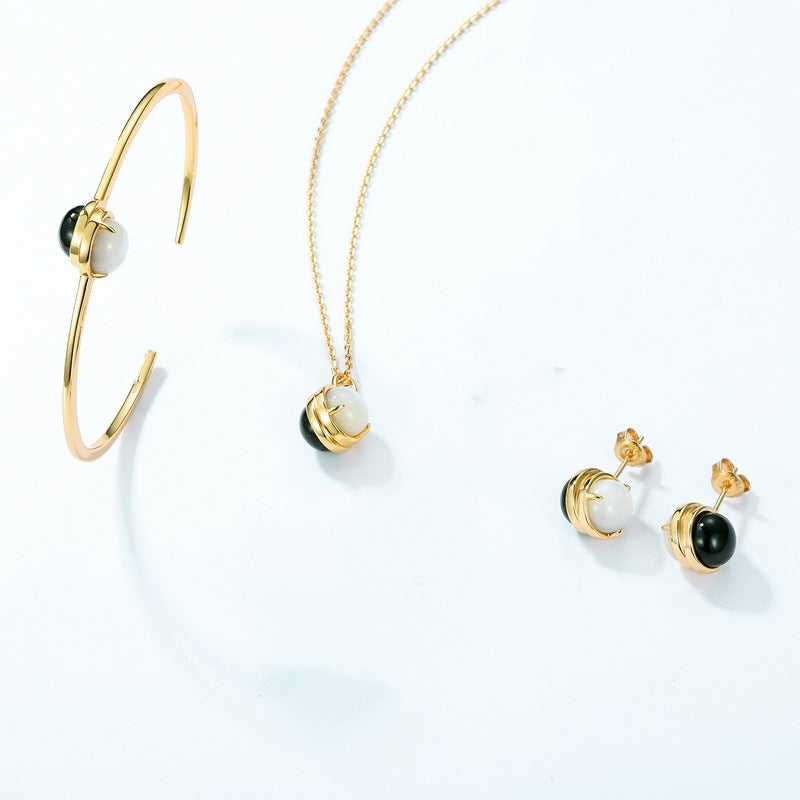 日韓風 S925 純銀鍍 10K 金飾品｜白貝殼黑瑪瑙 項鍊耳釘手鐲套裝