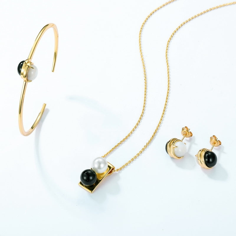 日韓風 S925 純銀鍍 10K 金飾品｜白貝殼黑瑪瑙 項鍊耳釘手鐲套裝