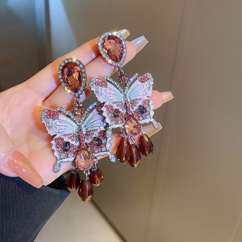 銀針歐美金屬風珍珠蝴蝶花朵流蘇耳釘小衆個性耳環時尚誇張耳飾女