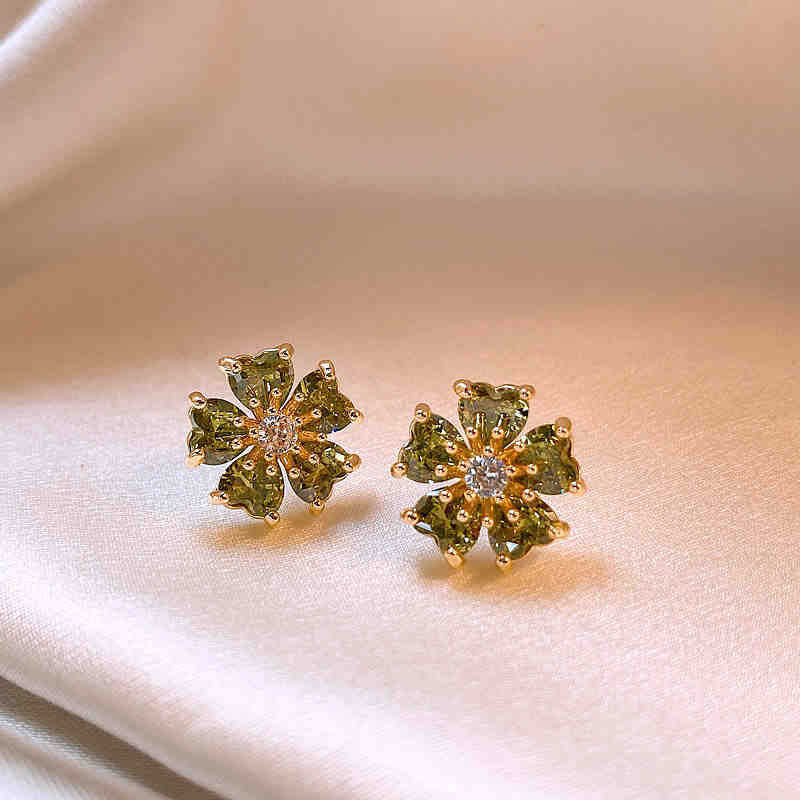 歐美跨境綠色鋯石花朵幾何耳釘氣質百搭耳環輕奢高級感耳飾設計感
