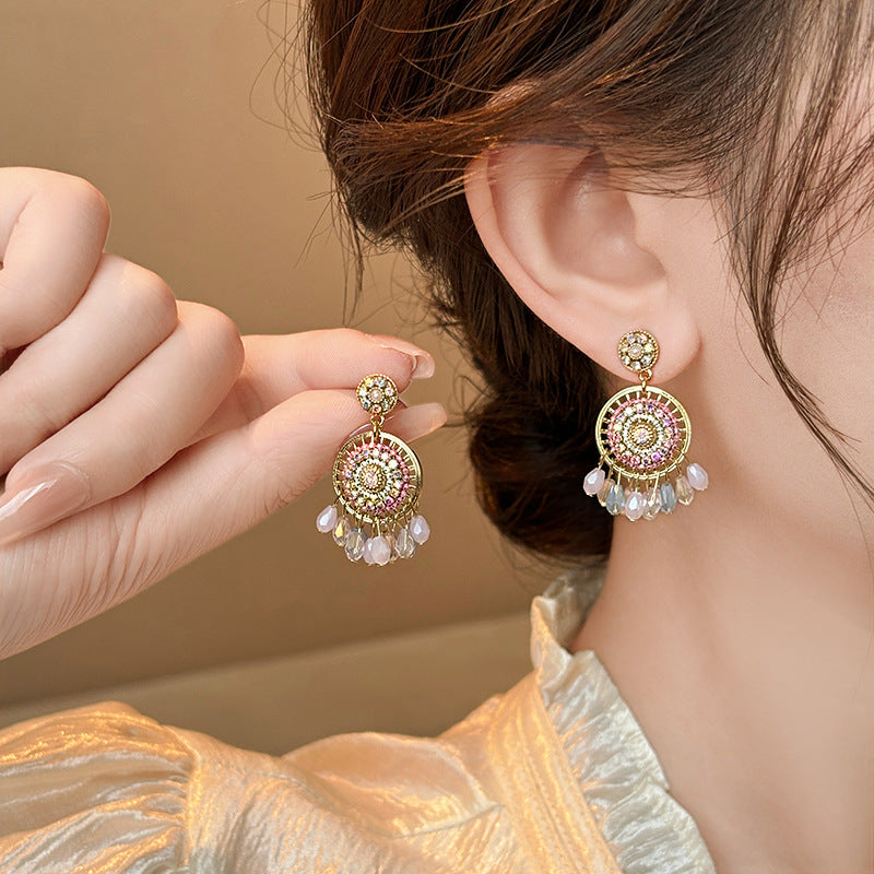 銀針歐美輕奢人造鋯石水晶款愛心耳釘時尚宮廷風耳環高級感耳飾女