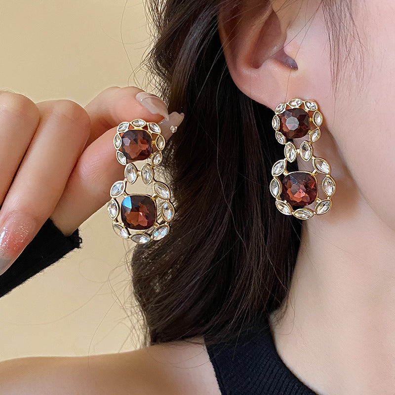 銀針歐美輕奢人造鋯石水晶款愛心耳釘時尚宮廷風耳環高級感耳飾女