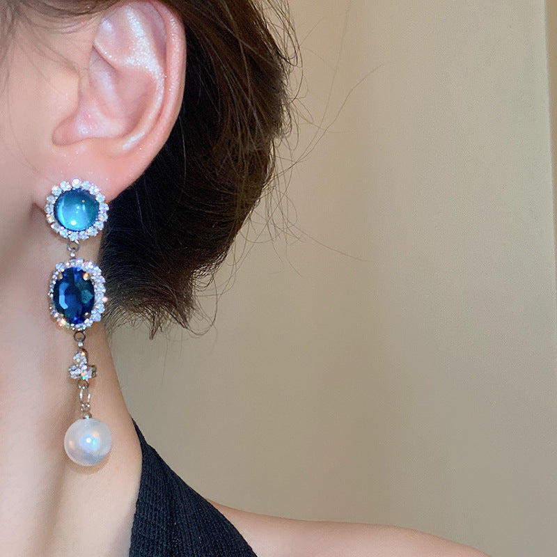 復古藍色鑲鑽珍珠流蘇項鍊法式復古宮廷風鎖骨鏈輕奢高級感項飾女