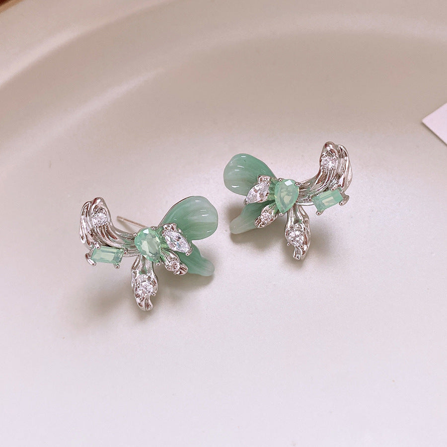 銀針小清新綠色樹脂鋯石蝴蝶流蘇耳釘甜美個性耳環輕奢高級感耳飾