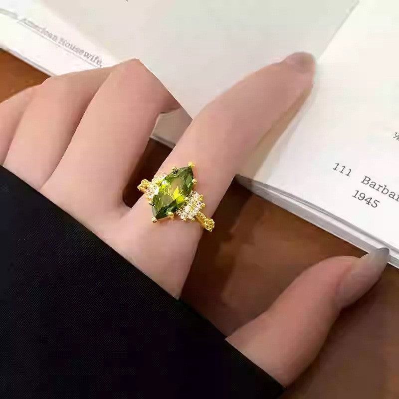冷淡風鋯石方塊花朵開口戒指時尚個性食指戒指環高級感百搭手飾女