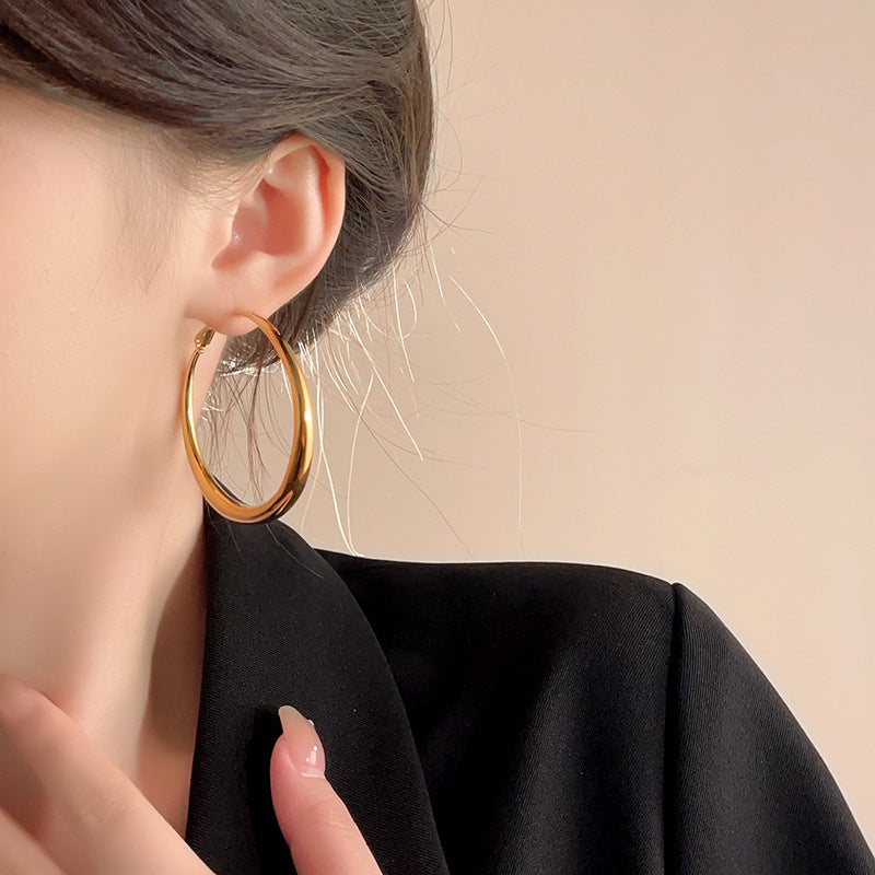 銀針歐美跨境金屬風素圈幾何耳圈氣質個性耳釘耳環誇張高級感耳飾