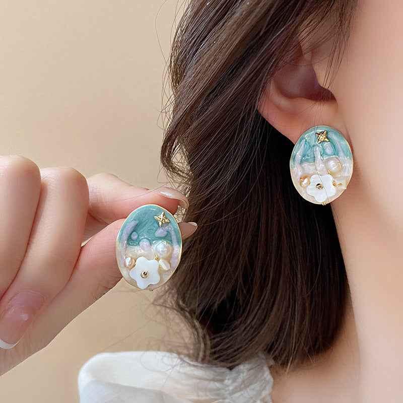 莫奈花園油畫風愛心花朵珍珠耳環時尚氣質耳釘法式甜美小清新耳飾