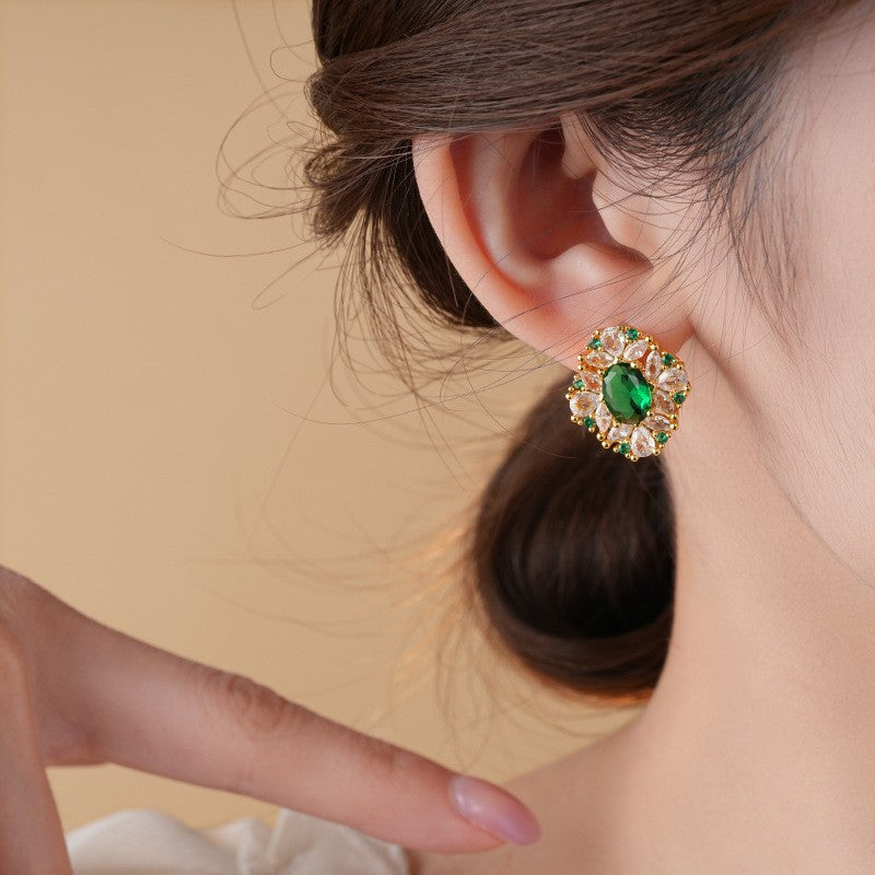 歐美跨境綠色鋯石花朵幾何耳釘氣質百搭耳環輕奢高級感耳飾設計感
