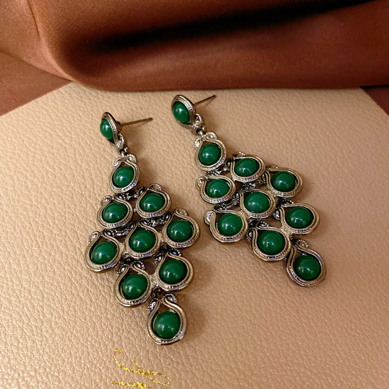 銀針中古vintage綠色鑲鑽蝴蝶珍珠耳環氣質耳墜復古高級感耳飾女
