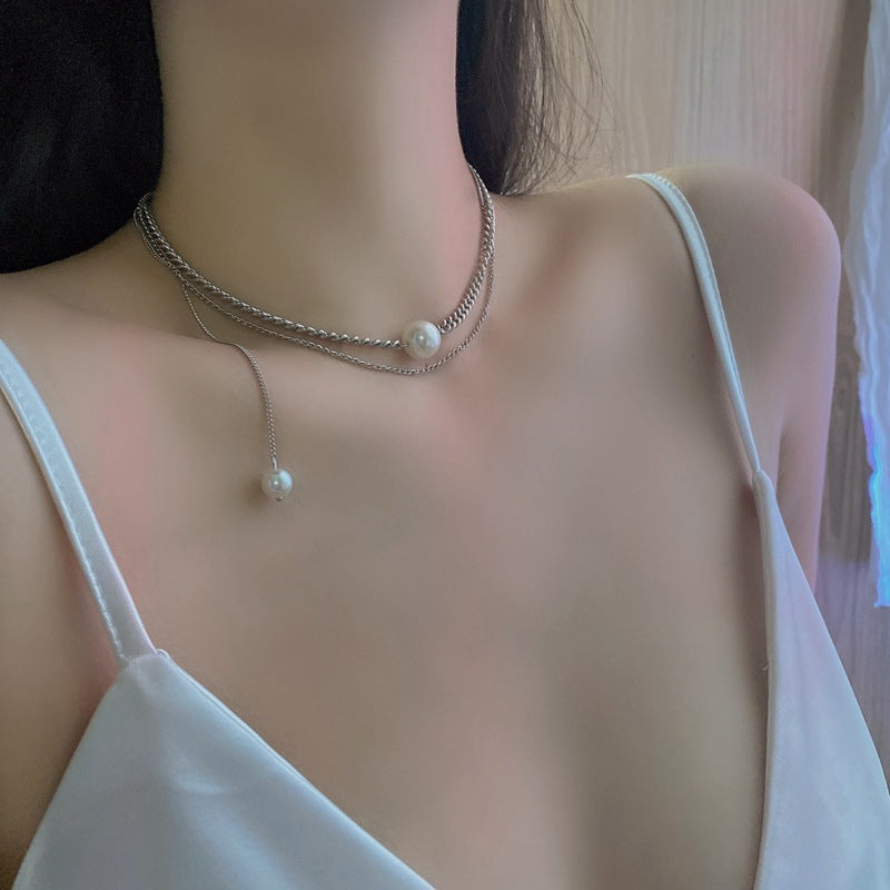 韓國東大門珍珠閃鑽幾何項鍊新款頸鍊簡約百搭冷淡風鎖骨鏈頸飾女