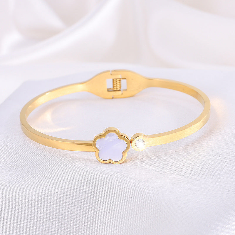 韓版五葉花玫瑰金鈦鋼手鐲時尚爆款手飾鑲鑽女新款個性不鏽鋼手環