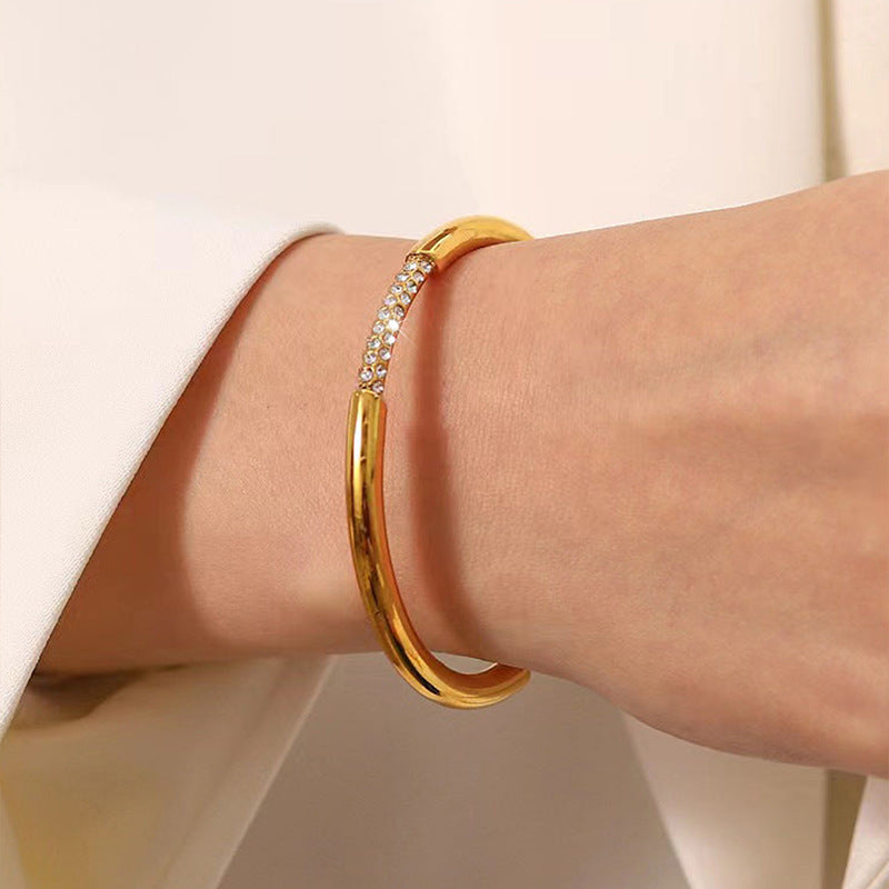 鈦鋼手鐲鑲鑽C形小衆設計歐美風排鑽簡約氣質光面復古不鏽鋼手環