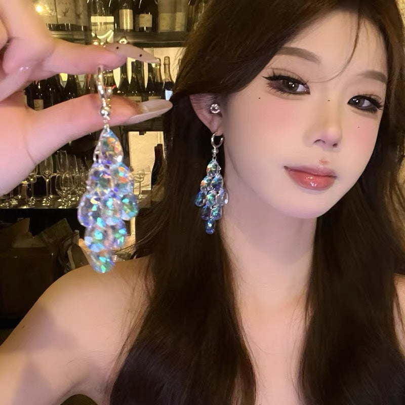 歐美跨境超閃水晶流蘇耳環輕奢高級感耳釘誇張氣質奢華設計感耳飾