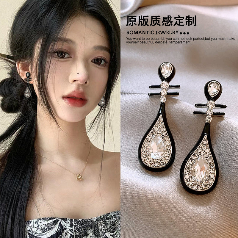 銀針新中式黑色系竹子花朵珍珠流蘇耳環氣質百搭耳釘高級感耳飾女