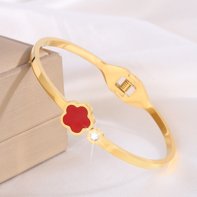 韓版五葉花玫瑰金鈦鋼手鐲時尚爆款手飾鑲鑽女新款個性不鏽鋼手環