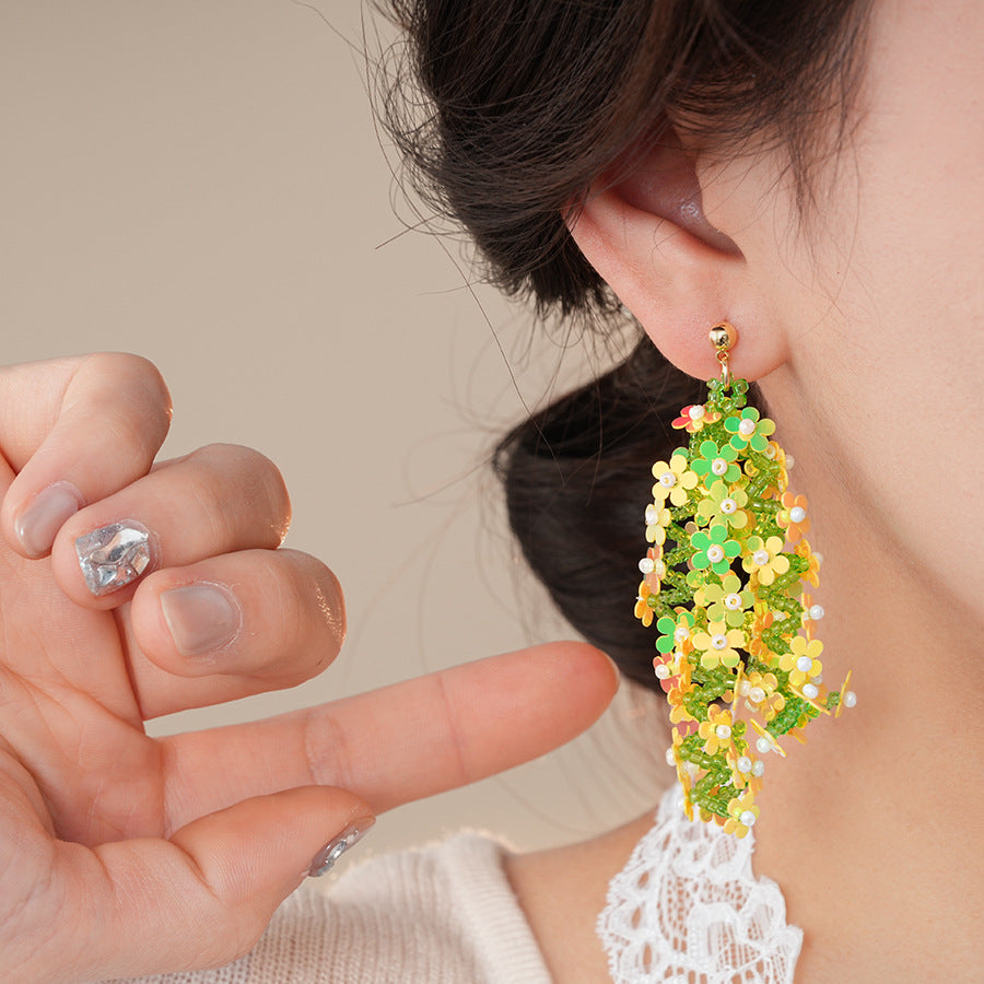 銀針森系米珠編織亮片花朵流蘇耳環超仙度假風耳墜小衆高級感耳飾