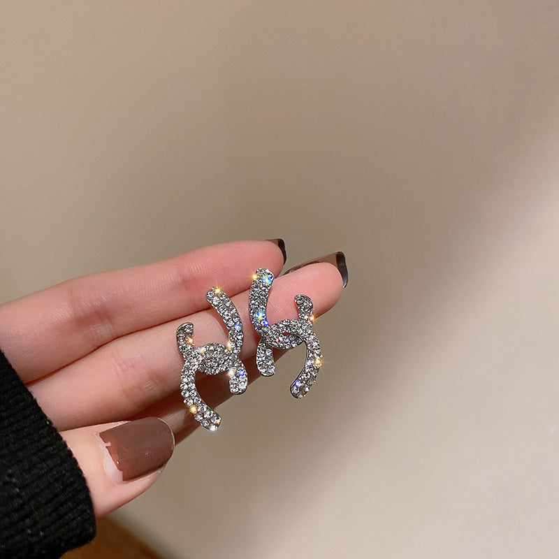 銀針法式黑色鑲鑽字母珍珠包包流蘇耳環小衆氣質耳釘高級感耳飾女