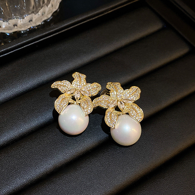 銀針輕奢鋯石花朵蝴蝶珍珠款耳釘氣質耳環高級感秋冬法式復古耳飾