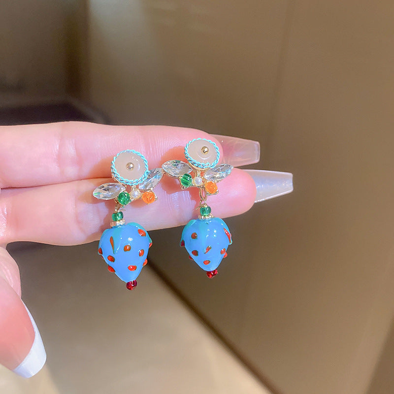 銀針霧霾藍色漸變滴油花朵蝴蝶愛心耳環氣質耳釘秋冬高級感耳飾