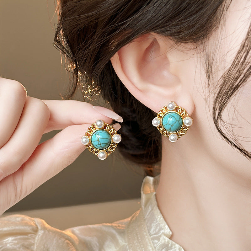 莫奈花園油畫風愛心花朵珍珠耳環時尚氣質耳釘法式甜美小清新耳飾