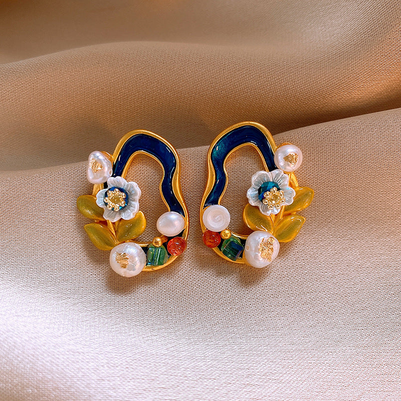 莫奈花園油畫風愛心花朵珍珠耳環時尚氣質耳釘法式甜美小清新耳飾