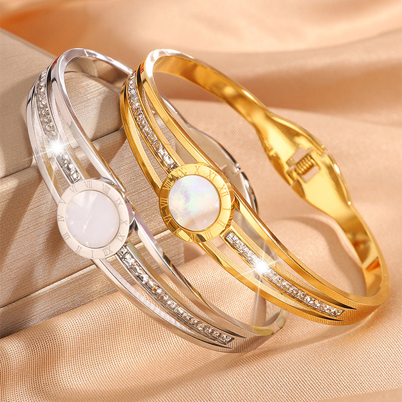 跨境熱賣新品白貝羅馬文不鏽鋼手鐲女歐美小衆輕奢鏤空鑲鑽手飾品