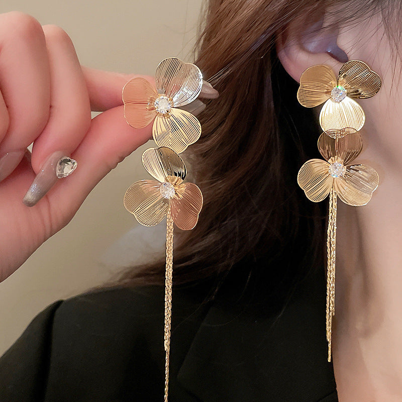 銀針歐美金屬風珍珠蝴蝶花朵流蘇耳釘小衆個性耳環時尚誇張耳飾女