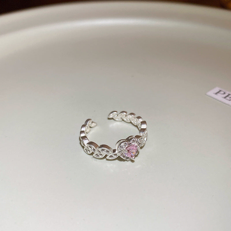 彩色方形鋯石花朵雙環開口戒指日韓小衆甜美食指戒潮流時尚手飾女
